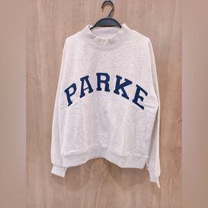 PARKE light gray mock neck sweatshirt with blue letters
